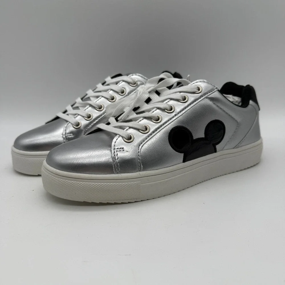 Disney Mickey Mouse Character Sneaker Women Size 7 Silver Metallic Lace Up NEW